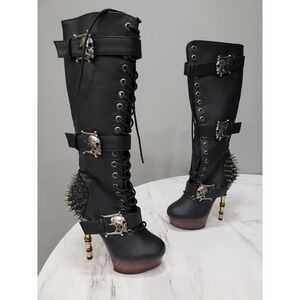 SZ 7 DEMONIA Muerto Bone High Heel Spiked Skull Buckle Moto‎ gothic Knee Boots